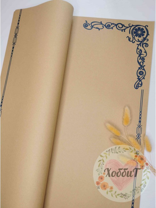 Бумага упаковочная "Вензель" 58*58см (натуральный/темно-синий), 3листа